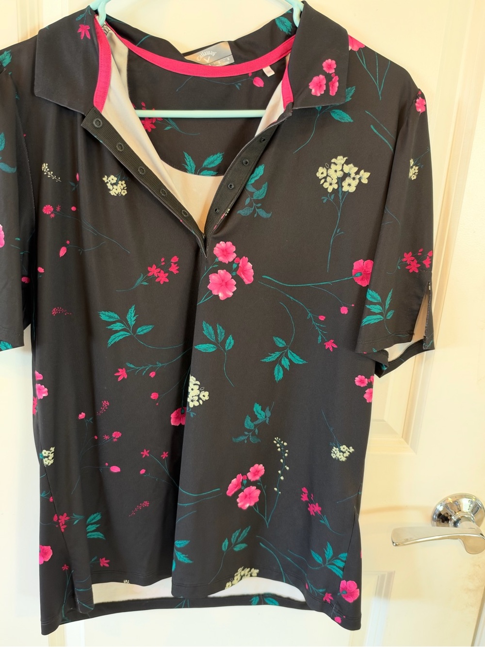 Callaway Black Short-Sleeve Polo with Pink Floral and Teal Leaves